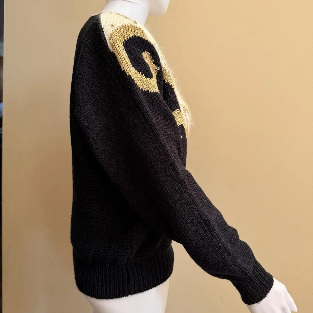 Jaclyn Smith sweater Women's SZ-S‎ Black Cream Gold Winter Snowflakes VTG 80s
